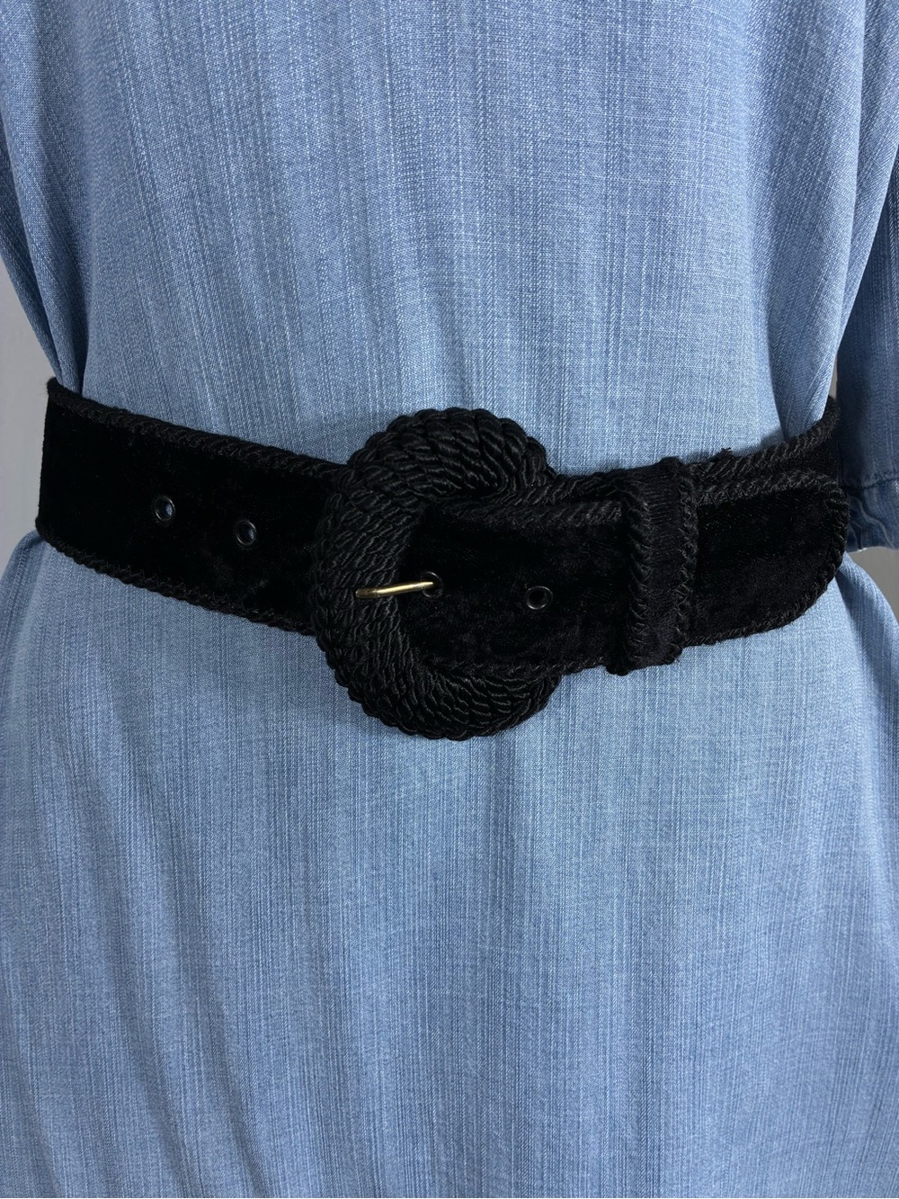 A. Brod Womens belt Sz Small long Black velvet wide Braided Buckle
